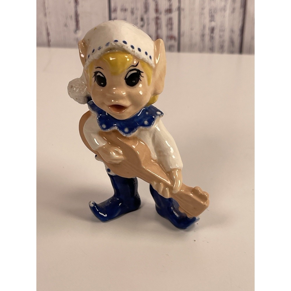 Vintage Small Ceramic Blue White Yellow Pixie Elf Hand Painted